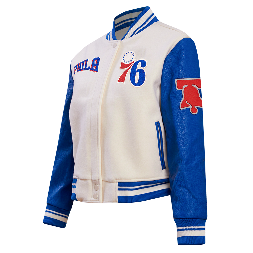 NBA PHILADELPHIA 76ers RETRO CLASSIC WOMEN'S RIB WOOL VARSITY JACKET (EGGSHELL/ROYAL BLUE)