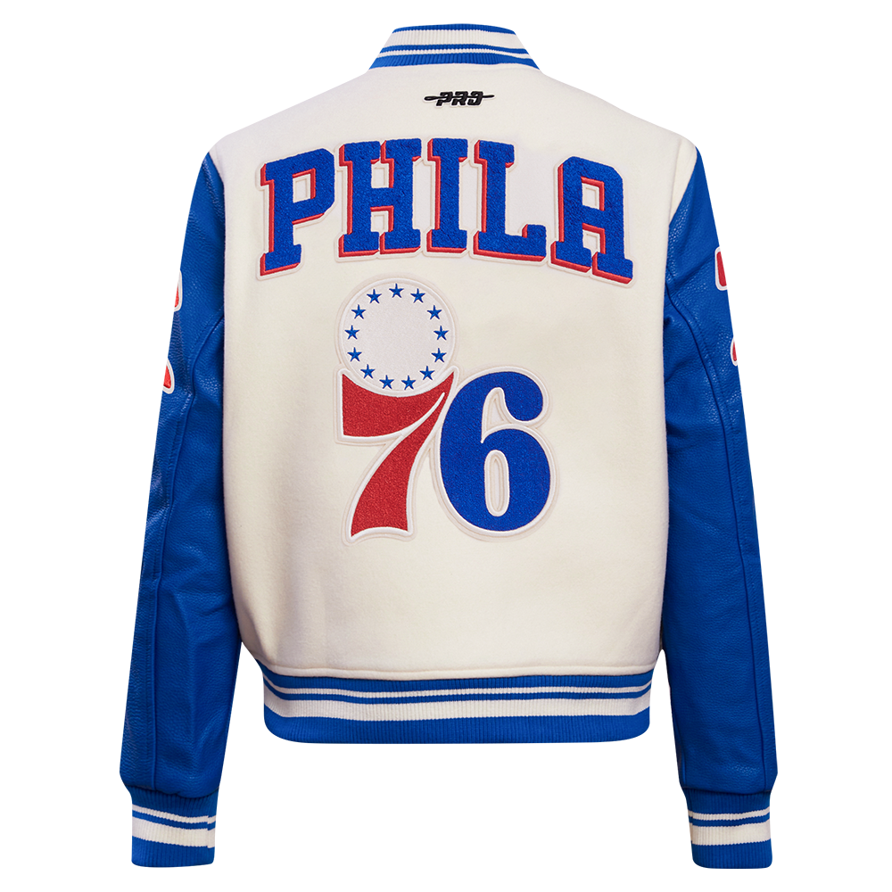 NBA PHILADELPHIA 76ers RETRO CLASSIC WOMEN'S RIB WOOL VARSITY JACKET (EGGSHELL/ROYAL BLUE)