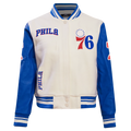 NBA PHILADELPHIA 76ers RETRO CLASSIC WOMEN'S RIB WOOL VARSITY JACKET (EGGSHELL/ROYAL BLUE)