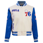 NBA PHILADELPHIA 76ers RETRO CLASSIC WOMEN'S RIB WOOL VARSITY JACKET (EGGSHELL/ROYAL BLUE)