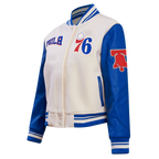 NBA PHILADELPHIA 76ers RETRO CLASSIC WOMEN'S RIB WOOL VARSITY JACKET (EGGSHELL/ROYAL BLUE)