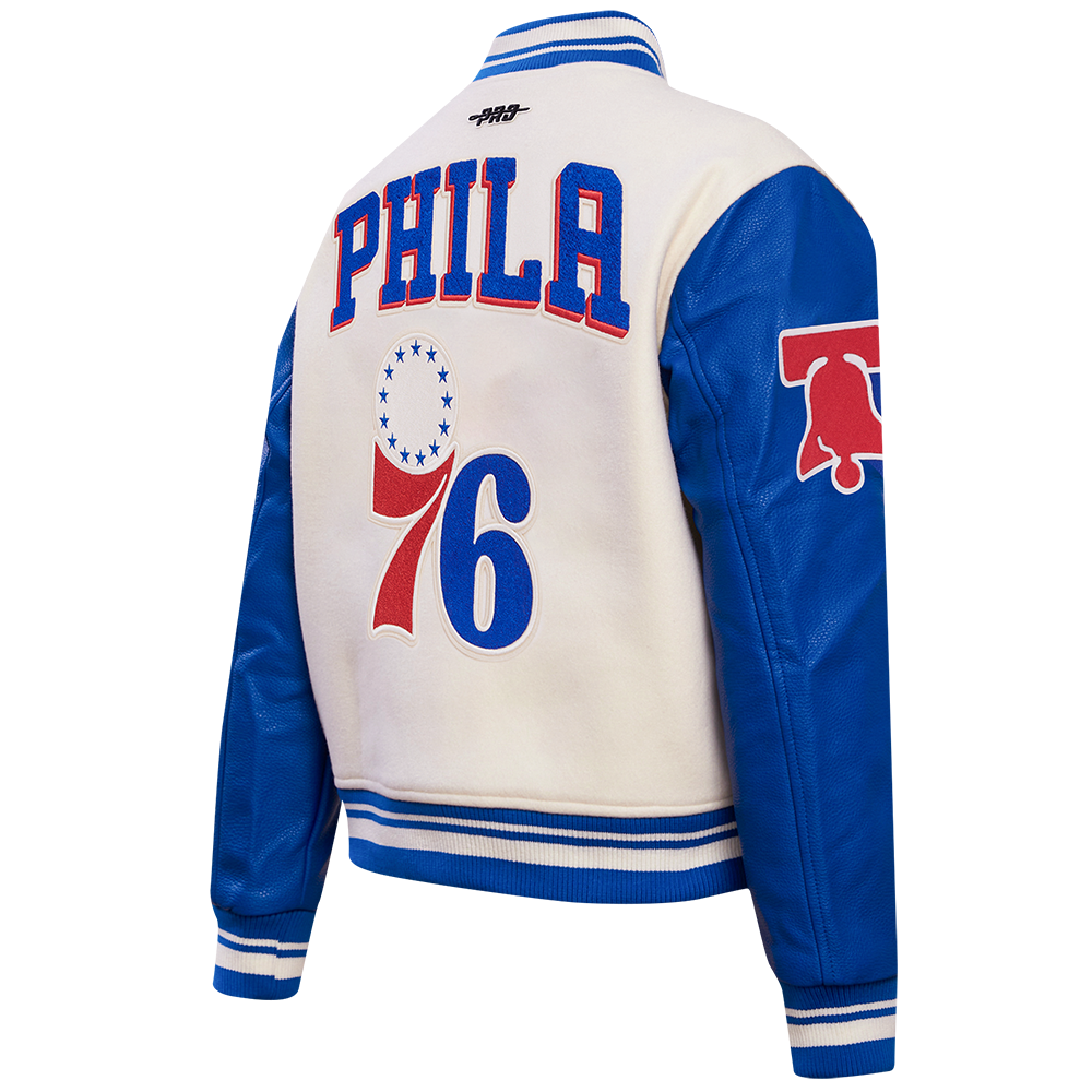 NBA PHILADELPHIA 76ers RETRO CLASSIC WOMEN'S RIB WOOL VARSITY JACKET (EGGSHELL/ROYAL BLUE)