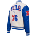 NBA PHILADELPHIA 76ers RETRO CLASSIC WOMEN'S RIB WOOL VARSITY JACKET (EGGSHELL/ROYAL BLUE)