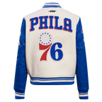 NBA PHILADELPHIA 76ers RETRO CLASSIC WOMEN'S RIB WOOL VARSITY JACKET (EGGSHELL/ROYAL BLUE)