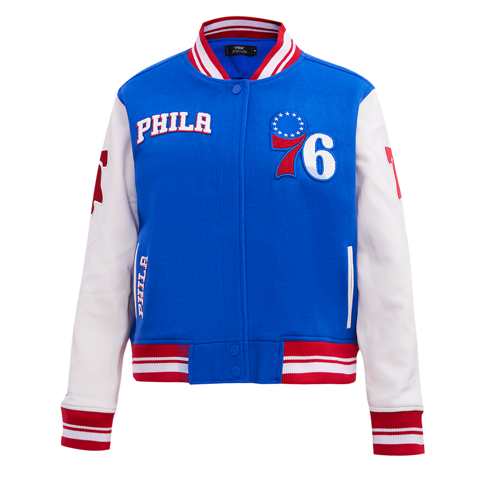 NBA PHILADELPHIA 76ers RETRO CLASSIC WOMEN'S RIB WOOL VARSITY JACKET (ROYAL BLUE/RED)