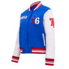 NBA PHILADELPHIA 76ers RETRO CLASSIC WOMEN'S RIB WOOL VARSITY JACKET (ROYAL BLUE/RED)