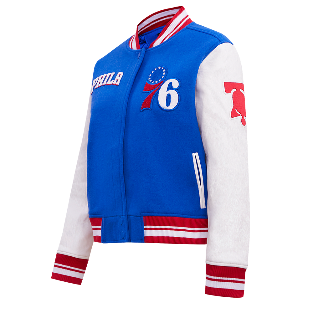 NBA PHILADELPHIA 76ers RETRO CLASSIC WOMEN'S RIB WOOL VARSITY JACKET (ROYAL BLUE/RED)