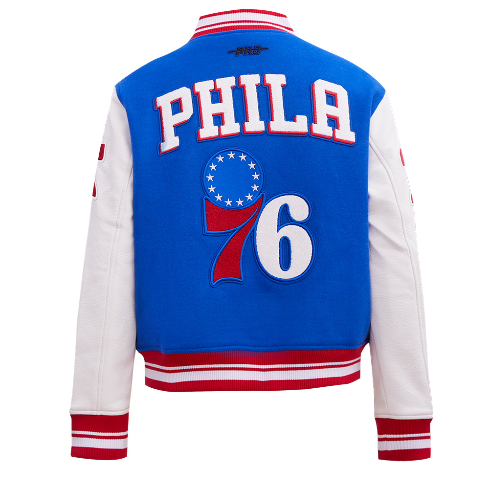 NBA PHILADELPHIA 76ers RETRO CLASSIC WOMEN'S RIB WOOL VARSITY JACKET (ROYAL BLUE/RED)