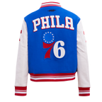 NBA PHILADELPHIA 76ers RETRO CLASSIC WOMEN'S RIB WOOL VARSITY JACKET (ROYAL BLUE/RED)