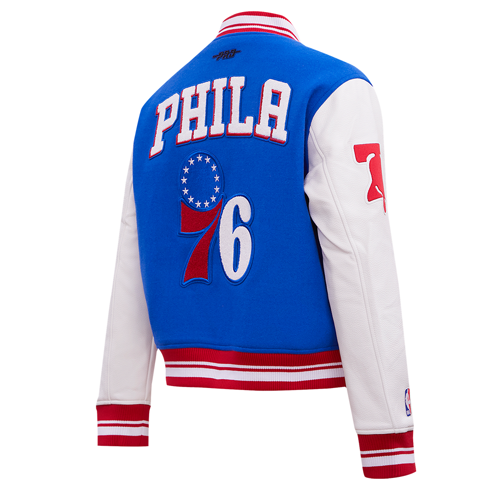 NBA PHILADELPHIA 76ers RETRO CLASSIC WOMEN'S RIB WOOL VARSITY JACKET (ROYAL BLUE/RED)