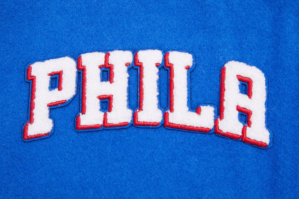 NBA PHILADELPHIA 76ers RETRO CLASSIC WOMEN'S RIB WOOL VARSITY JACKET (ROYAL BLUE/RED)
