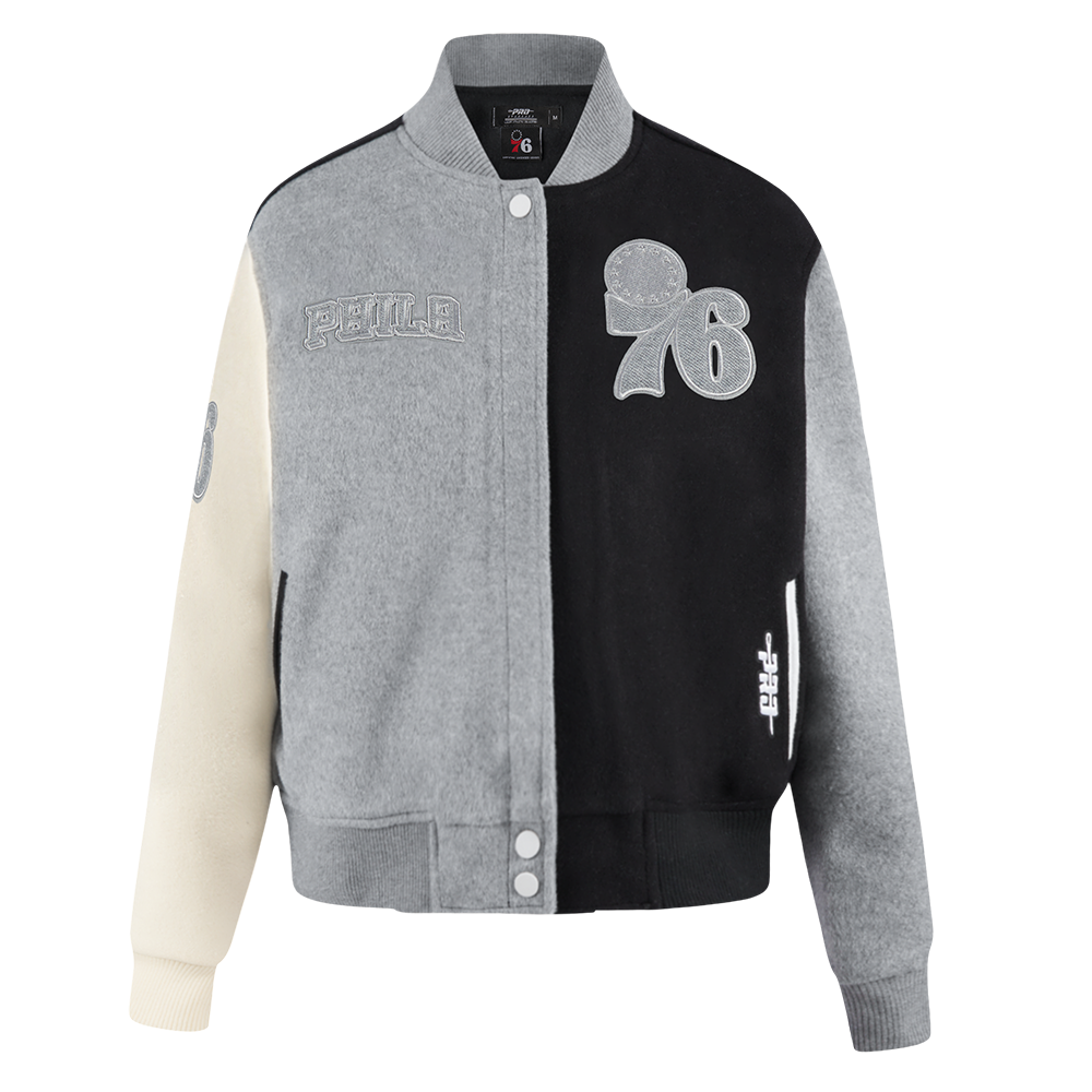 NBA PHILADELPHIA 76ERS REVERSE FRENCH TERRY BLOUSON COLLÉGIAL POUR FEMME (NOIR/GRIS/COQUILLE D'ŒUF)