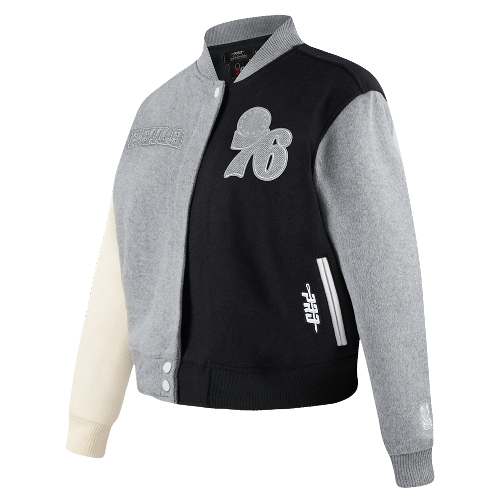 NBA PHILADELPHIA 76ERS REVERSE FRENCH TERRY BLOUSON COLLÉGIAL POUR FEMME (NOIR/GRIS/COQUILLE D'ŒUF)