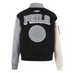 NBA PHILADELPHIA 76ERS REVERSE FRENCH TERRY BLOUSON COLLÉGIAL POUR FEMME (NOIR/GRIS/COQUILLE D'ŒUF)