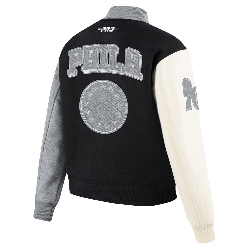 NBA PHILADELPHIA 76ERS REVERSE FRENCH TERRY BLOUSON COLLÉGIAL POUR FEMME (NOIR/GRIS/COQUILLE D'ŒUF)