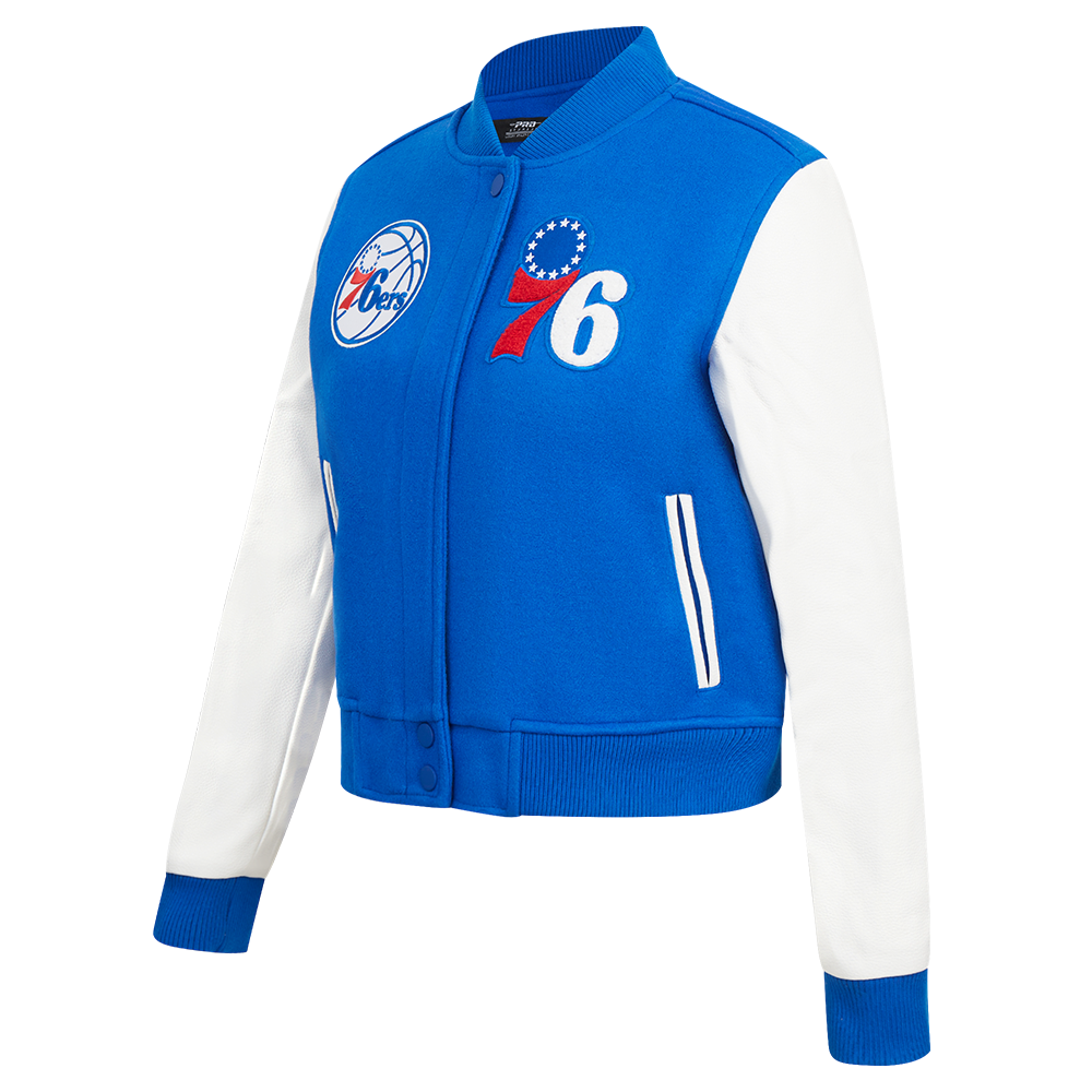 NBA PHILADELPHIA 76ERS CLASSIC BLOUSON COLLÉGIAL EN LAINE POUR FEMME (BLEU ROYAL/BLANC)