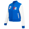 NBA PHILADELPHIA 76ERS CLASSIC BLOUSON COLLÉGIAL EN LAINE POUR FEMME (BLEU ROYAL/BLANC)