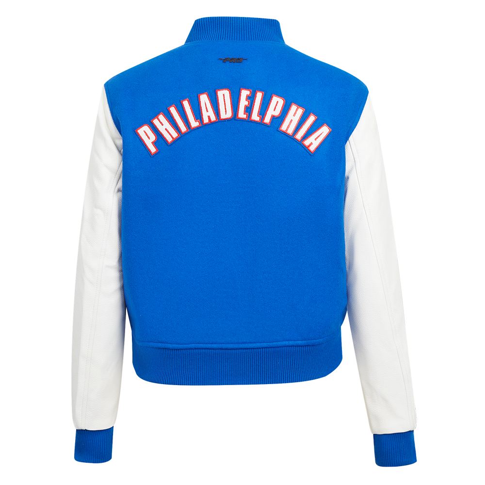 NBA PHILADELPHIA 76ERS CLASSIC BLOUSON COLLÉGIAL EN LAINE POUR FEMME (BLEU ROYAL/BLANC)