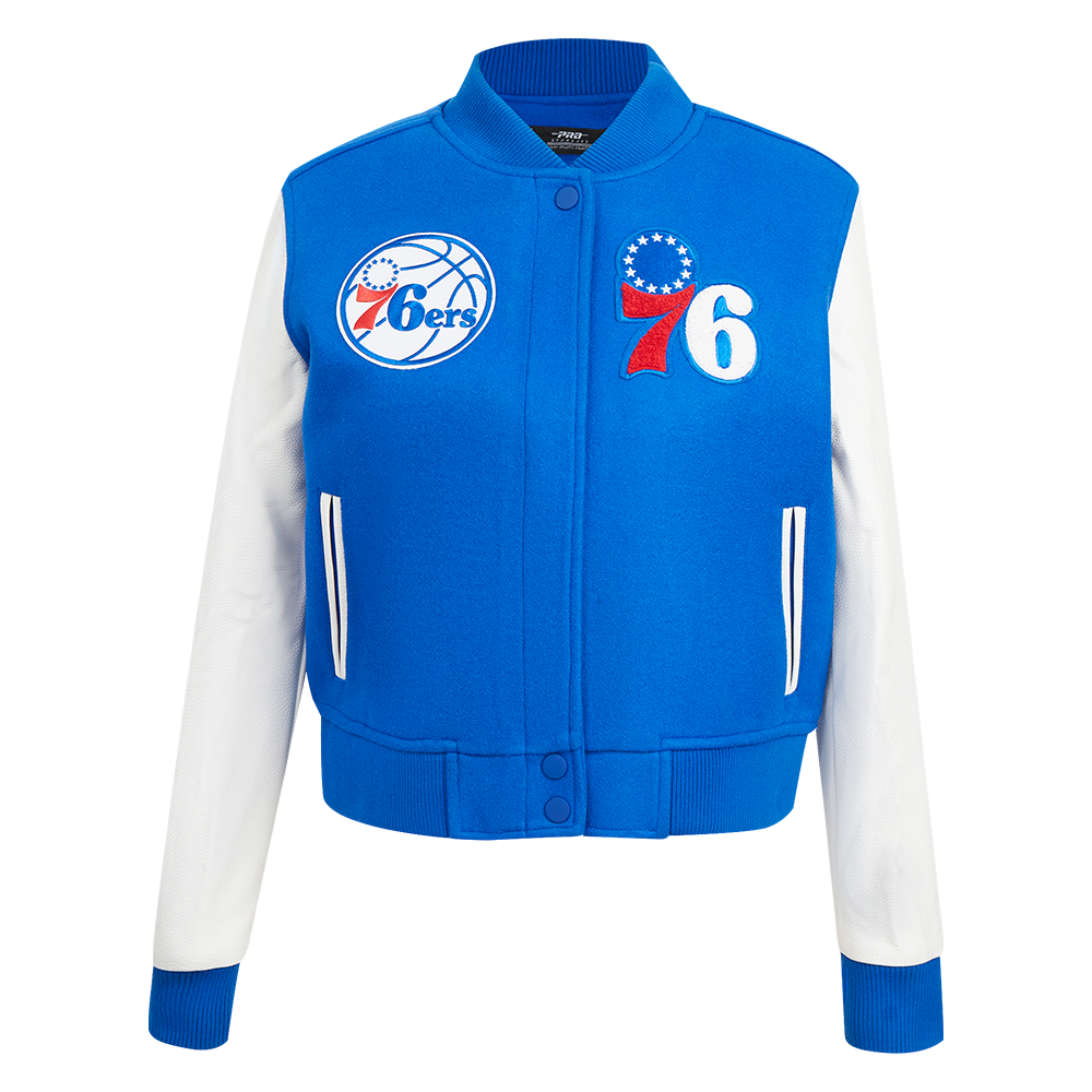 NBA PHILADELPHIA 76ERS CLASSIC BLOUSON COLLÉGIAL EN LAINE POUR FEMME (BLEU ROYAL/BLANC)