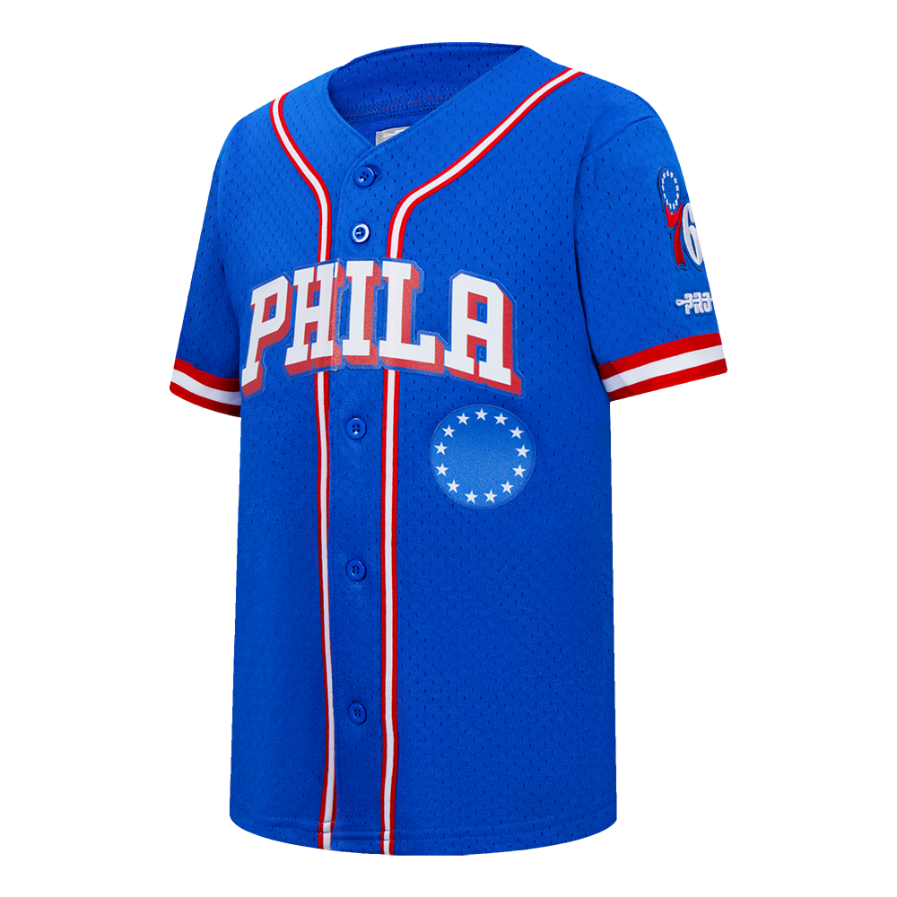 NBA PHILADELPHIA 76ERS CLASSIC LITTLE BOYS MESH BUTTON DOWN SHIRT (ROYAL BLUE/RED)