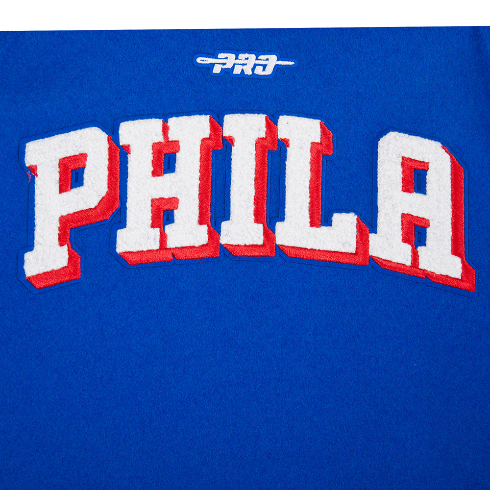 NBA PHILADELPHIA 76ERS CLASSIC BLOUSON COLLÉGIAL EN LAINE POUR GARÇON ENFANT (BLEU ROYAL/BLANC)
