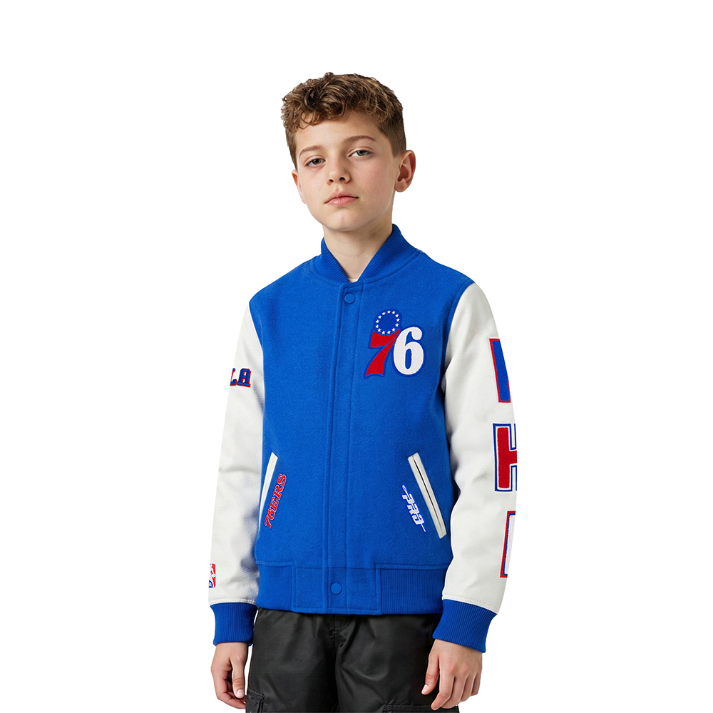 NBA PHILADELPHIA 76ERS CLASSIC BLOUSON COLLÉGIAL EN LAINE POUR GARÇON ENFANT (BLEU ROYAL/BLANC)