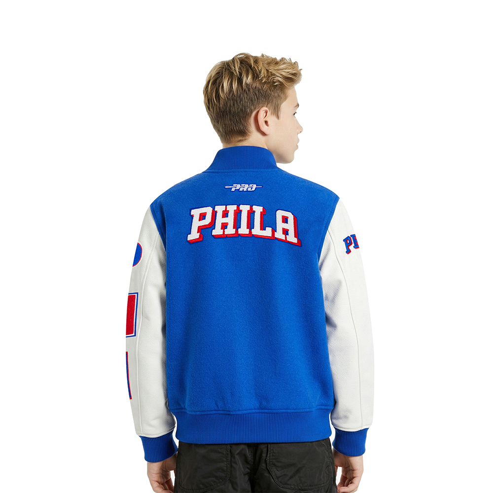NBA PHILADELPHIA 76ERS CLASSIC BLOUSON COLLÉGIAL EN LAINE POUR GARÇON ENFANT (BLEU ROYAL/BLANC)
