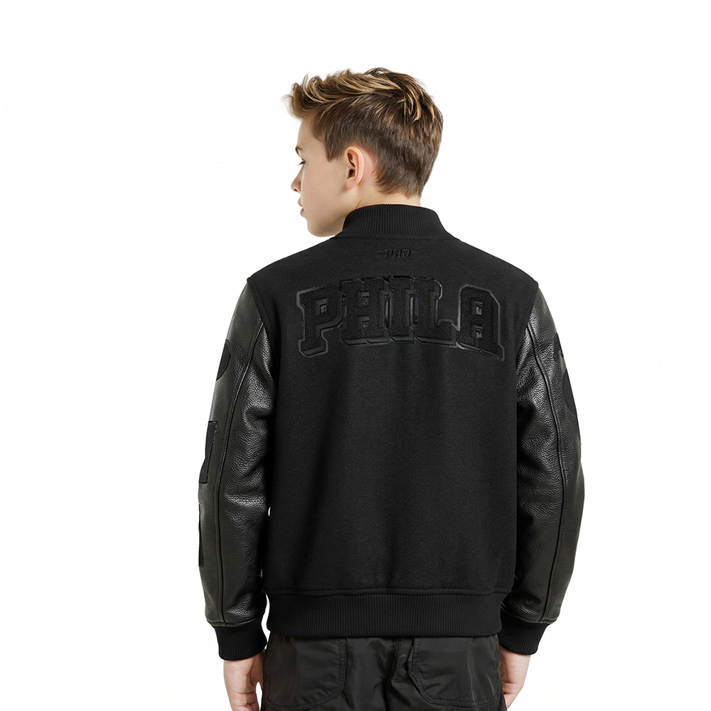 NBA PHILADELPHIA 76ERS TRIPLE BLACK LITTLE BOY'S WOOL VARSITY JACKET (JET BLACK)