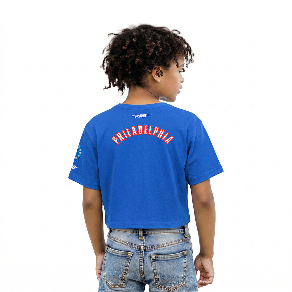 NBA PHILADELPHIA 76ERS CLASSIC LITTLE GIRLS SHORT SLEEVE BOXY TEE (ROYAL BLUE)