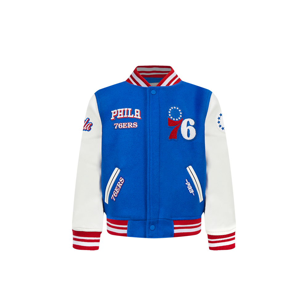 NBA PHILADELPHIA 76ERS RETRO CLASSIC BLOUSON COLLÉGIAL EN LAINE À BORDS CÔTELÉS POUR GARÇON BAMBIN (BLEU ROYAL/ROUGE)