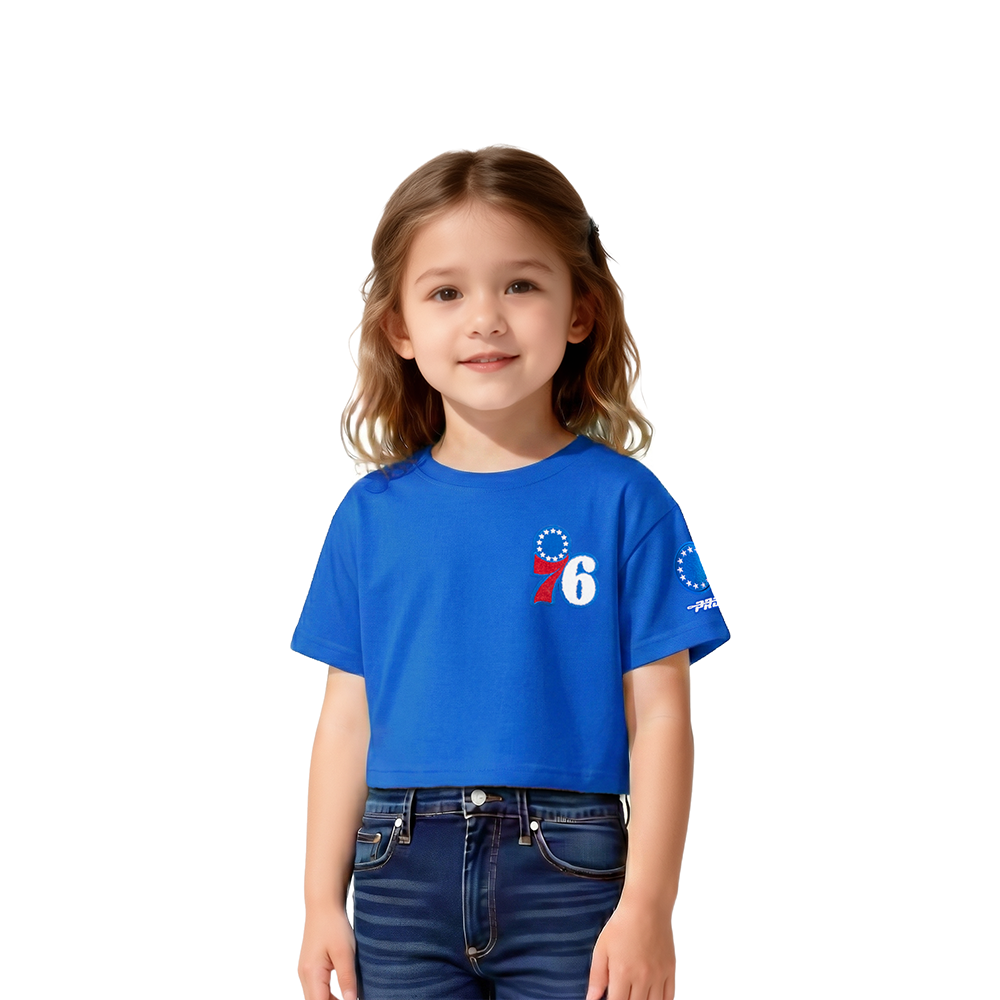 NBA PHILADELPHIA 76ERS CLASSIC T-SHIRT À COUPE CARRÉE À MANCHES COURTES POUR FILLE BAMBIN (BLEU ROYAL)