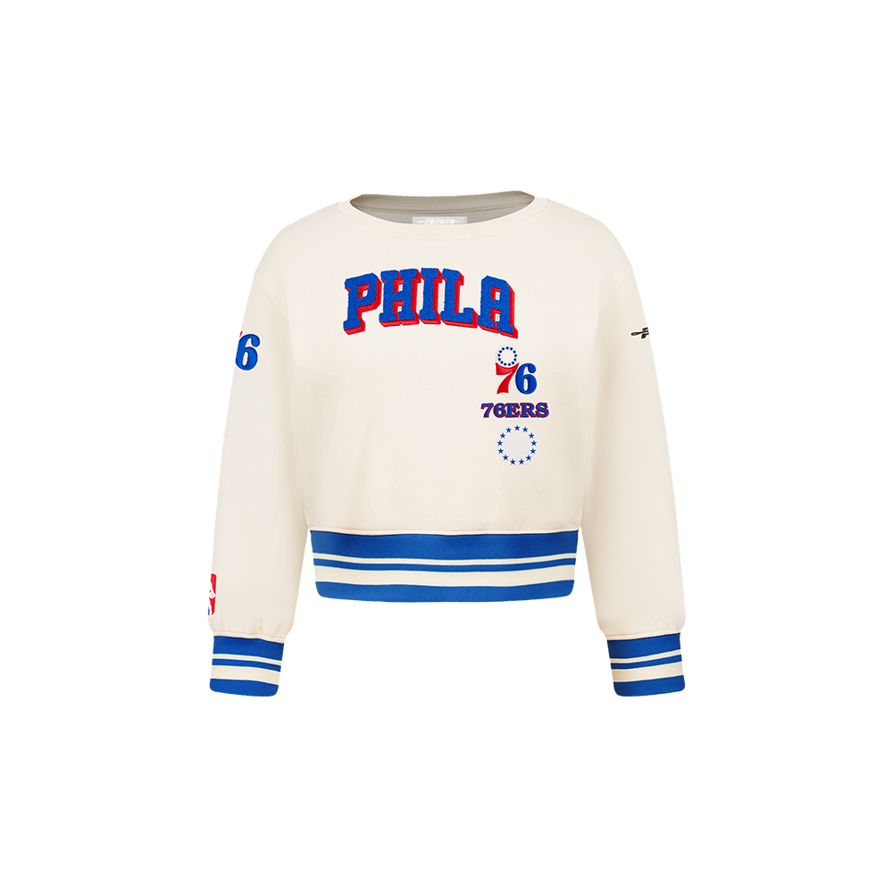 NBA PHILADELPHIA 76ERS RETRO CLASSIC TODDLER GIRL'S RIB FLEECE CREWNECK (EGGSHELL/ROYAL BLUE)