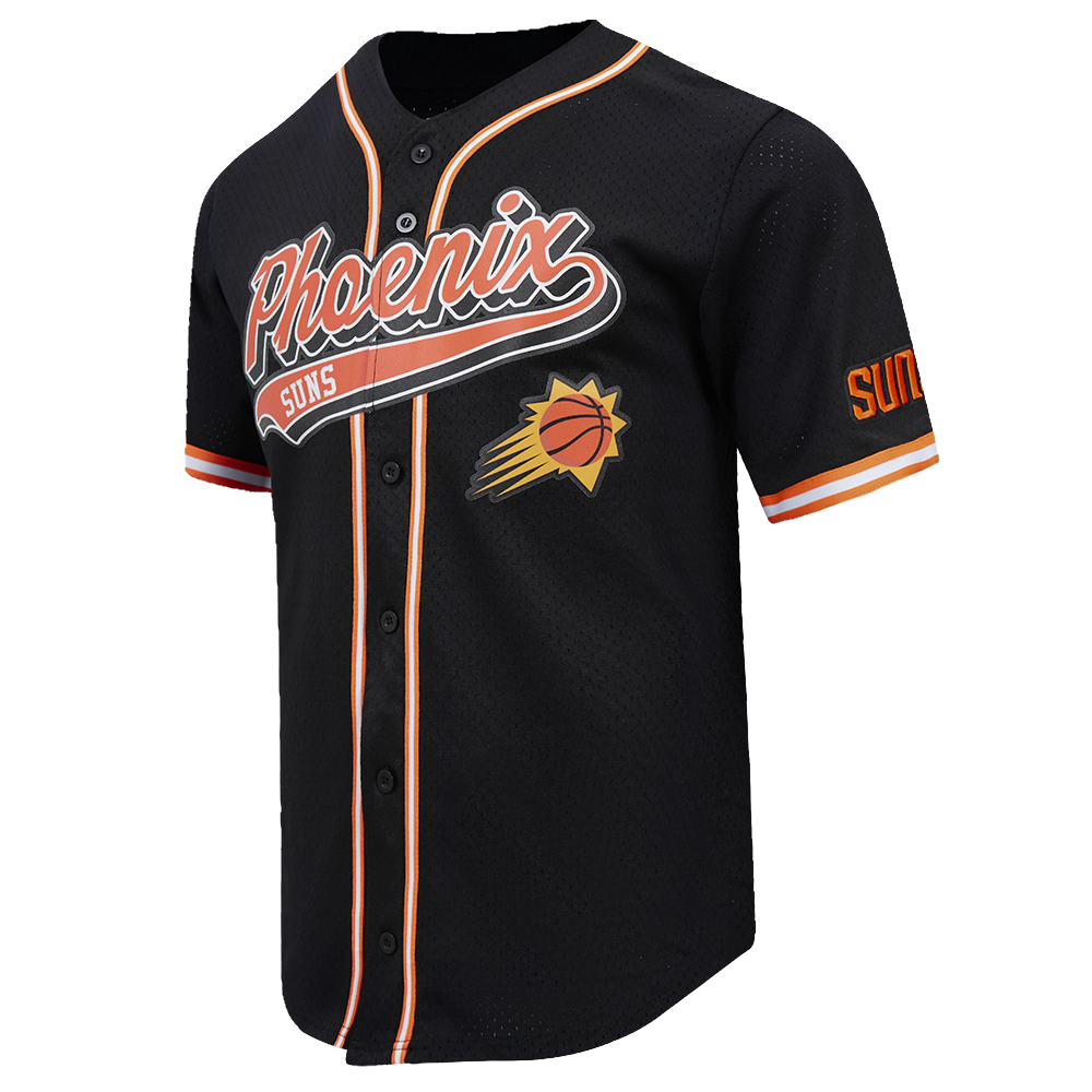 NBA PHOENIX SUNS SCRIPT TAIL MEN'S MESH BUTTON DOWN SHIRT (BLACK/ORANGE)