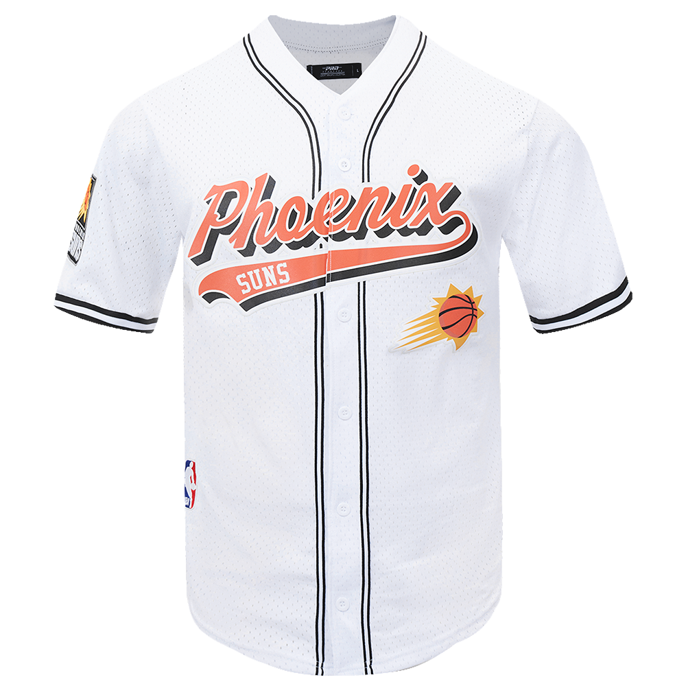 NBA PHOENIX SUNS SCRIPT TAIL MEN'S MESH BUTTON DOWN SHIRT (WHITE/BLACK/WHITE)