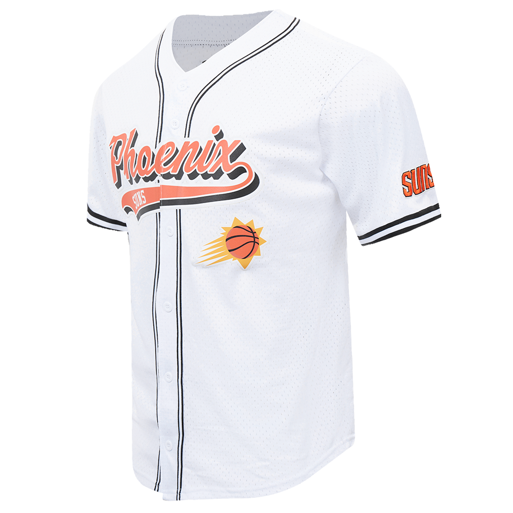 NBA PHOENIX SUNS SCRIPT TAIL CHEMISE BOUTONNÉE EN FILET POUR HOMME (BLANC/NOIR/BLANC)