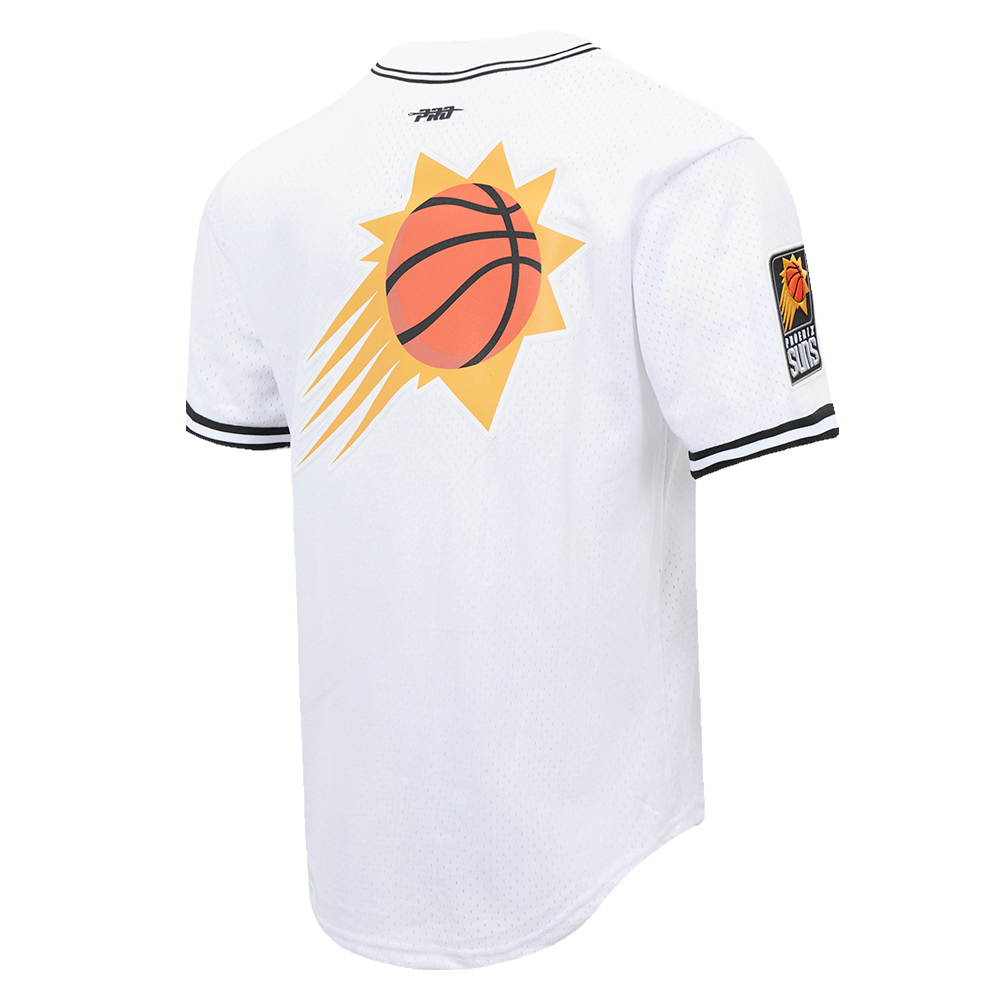NBA PHOENIX SUNS SCRIPT TAIL CHEMISE BOUTONNÉE EN FILET POUR HOMME (BLANC/NOIR/BLANC)