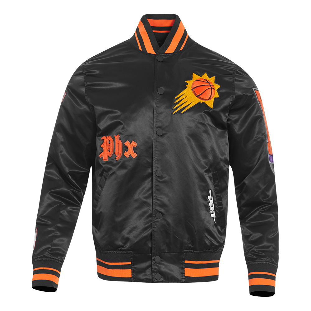 NBA PHOENIX SUNS OLD ENGLISH MEN'S LOGO SATIN JACKET (BLACK/ORANGE)