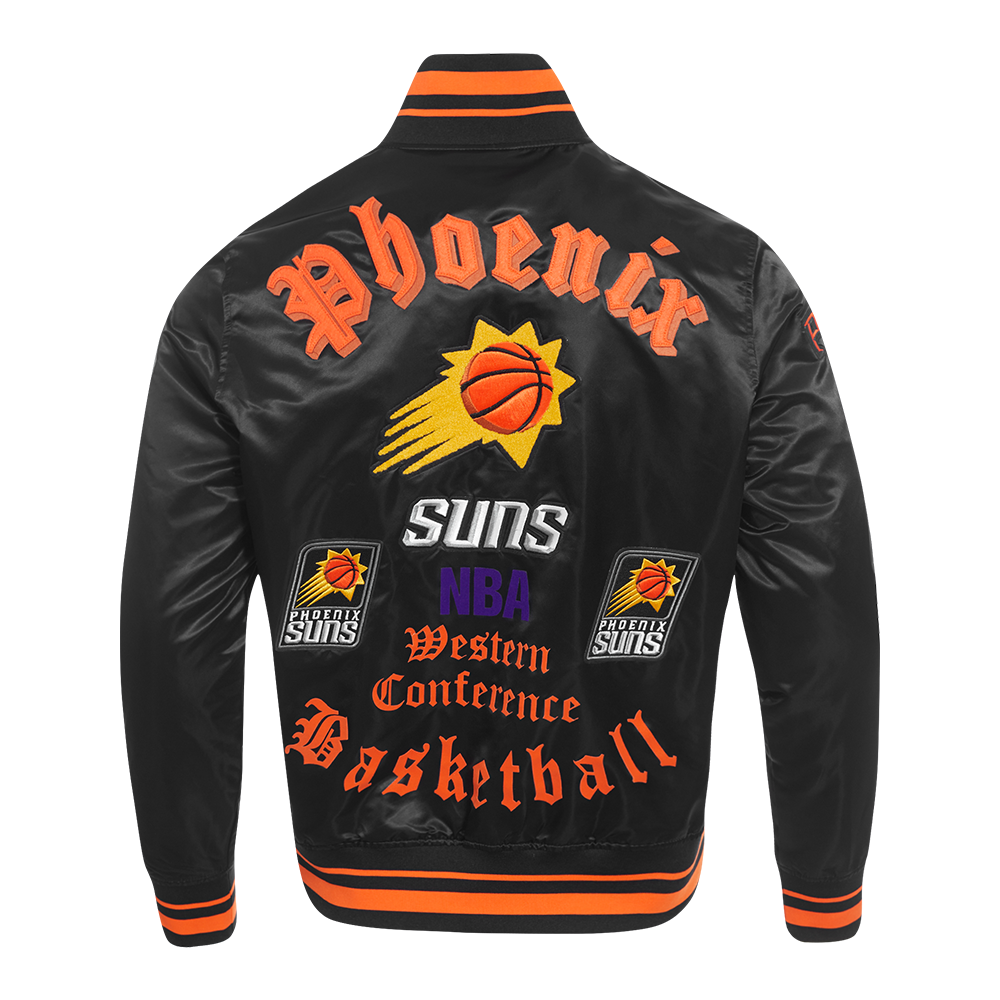 NBA PHOENIX SUNS OLD ENGLISH MEN'S LOGO SATIN JACKET (BLACK/ORANGE)