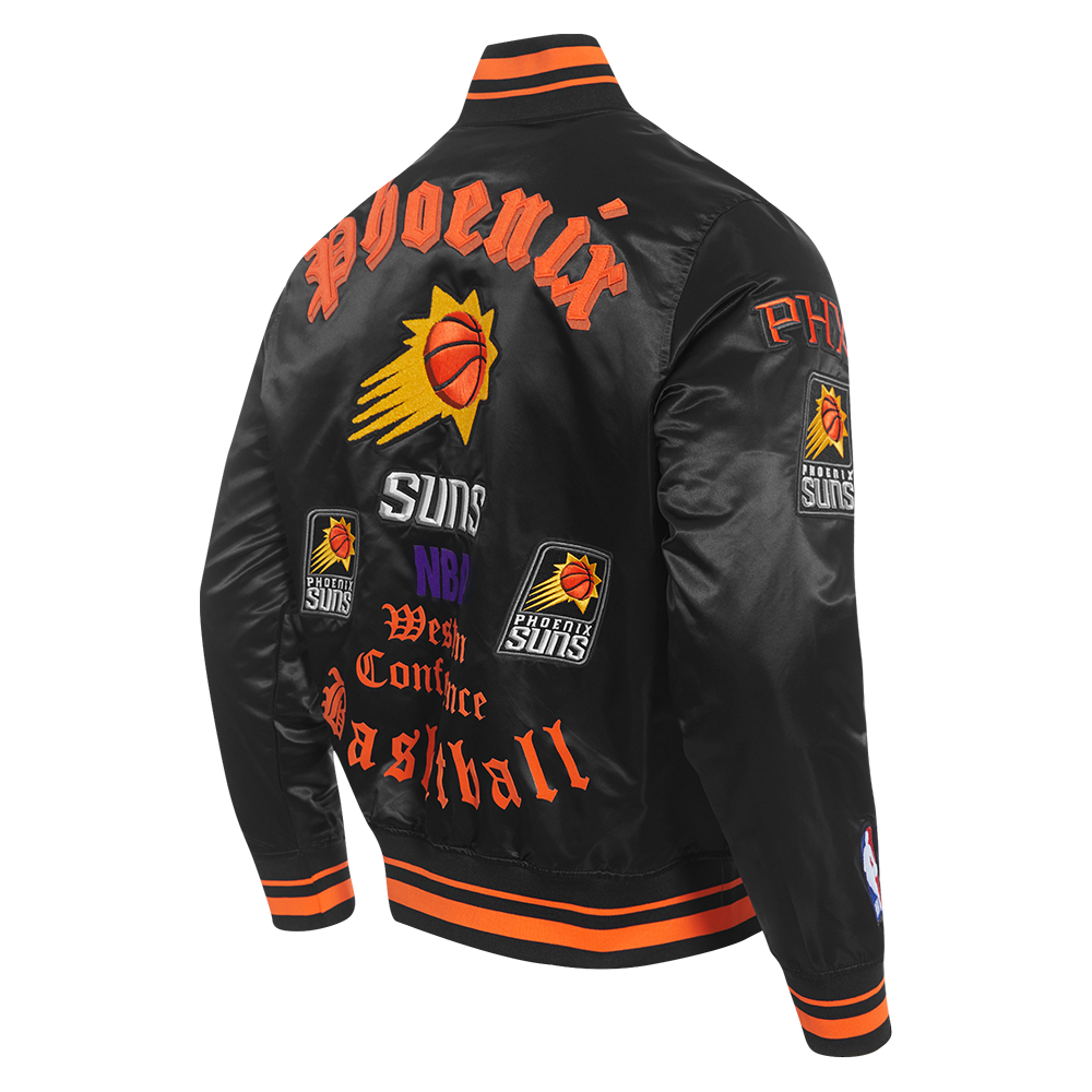 NBA PHOENIX SUNS OLD ENGLISH MEN'S LOGO SATIN JACKET (BLACK/ORANGE)