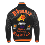 NBA PHOENIX SUNS OLD ENGLISH MEN'S LOGO SATIN JACKET (BLACK/ORANGE)