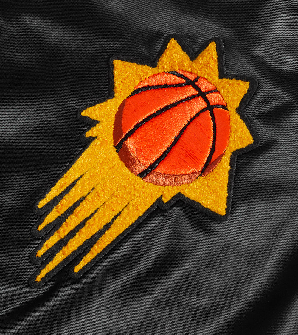 NBA PHOENIX SUNS OLD ENGLISH MEN'S LOGO SATIN JACKET (BLACK/ORANGE)