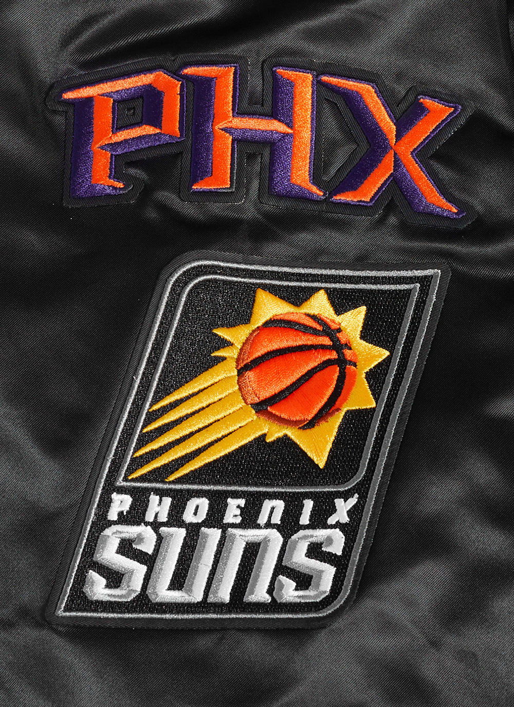 NBA PHOENIX SUNS OLD ENGLISH MEN'S LOGO SATIN JACKET (BLACK/ORANGE)