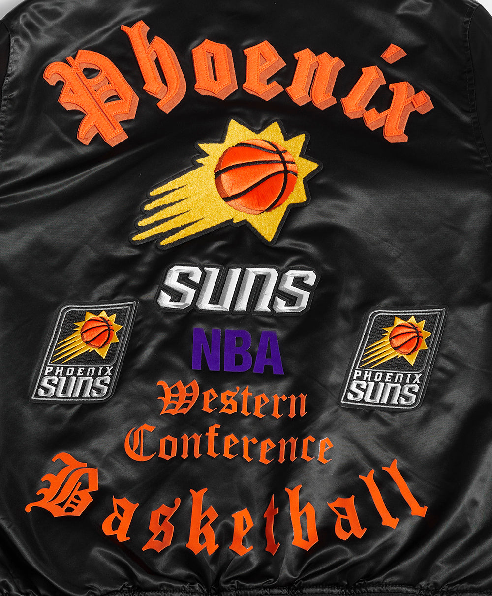 NBA PHOENIX SUNS OLD ENGLISH MEN'S LOGO SATIN JACKET (BLACK/ORANGE)