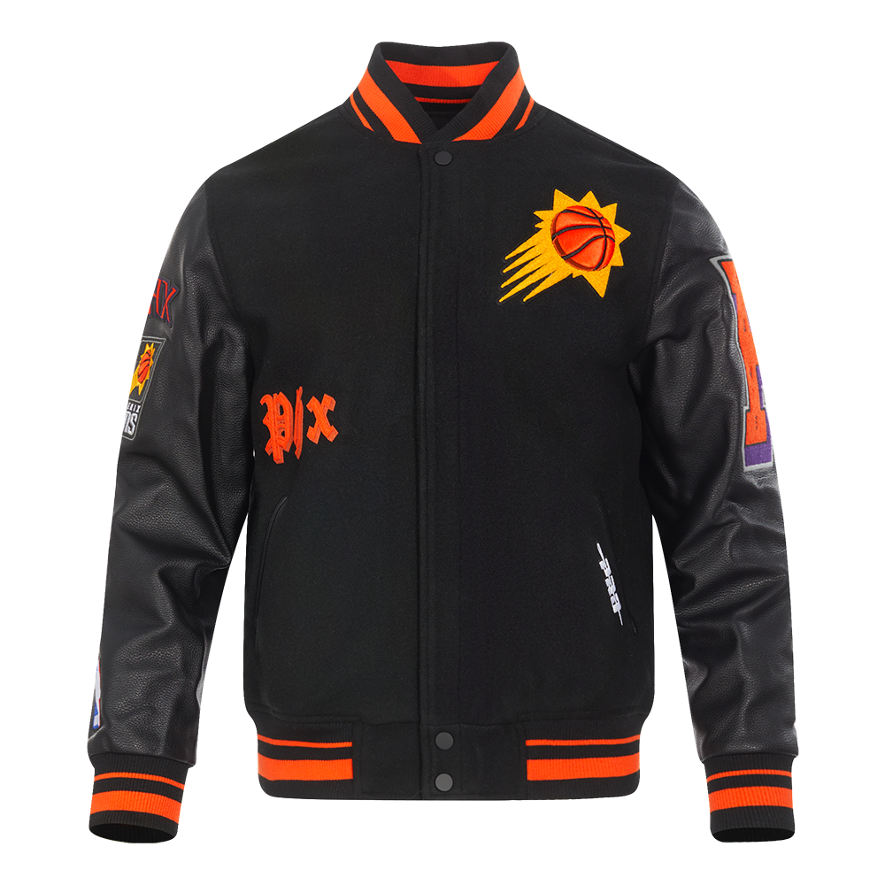 NBA PHOENIX SUNS OLD ENGLISH BLOUSON COLLÉGIAL EN LAINE À BORDS CÔTELÉS POUR HOMME (NOIR/ORANGE)