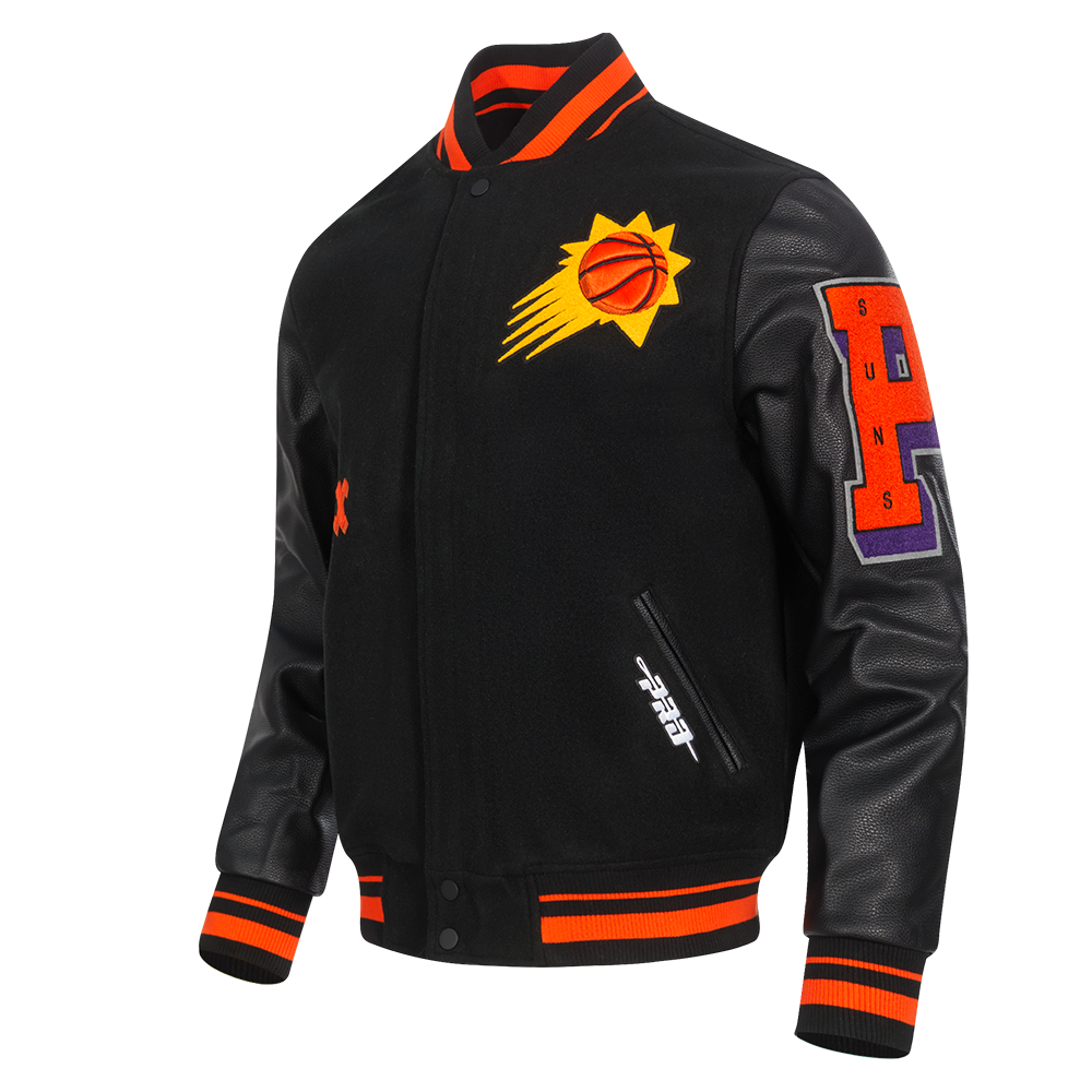 NBA PHOENIX SUNS OLD ENGLISH MEN'S RIB WOOL VARSITY JACKET (BLACK/ORANGE)