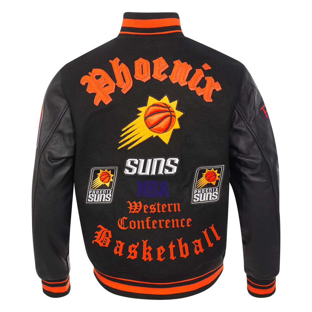 NBA PHOENIX SUNS OLD ENGLISH MEN'S RIB WOOL VARSITY JACKET (BLACK/ORANGE)