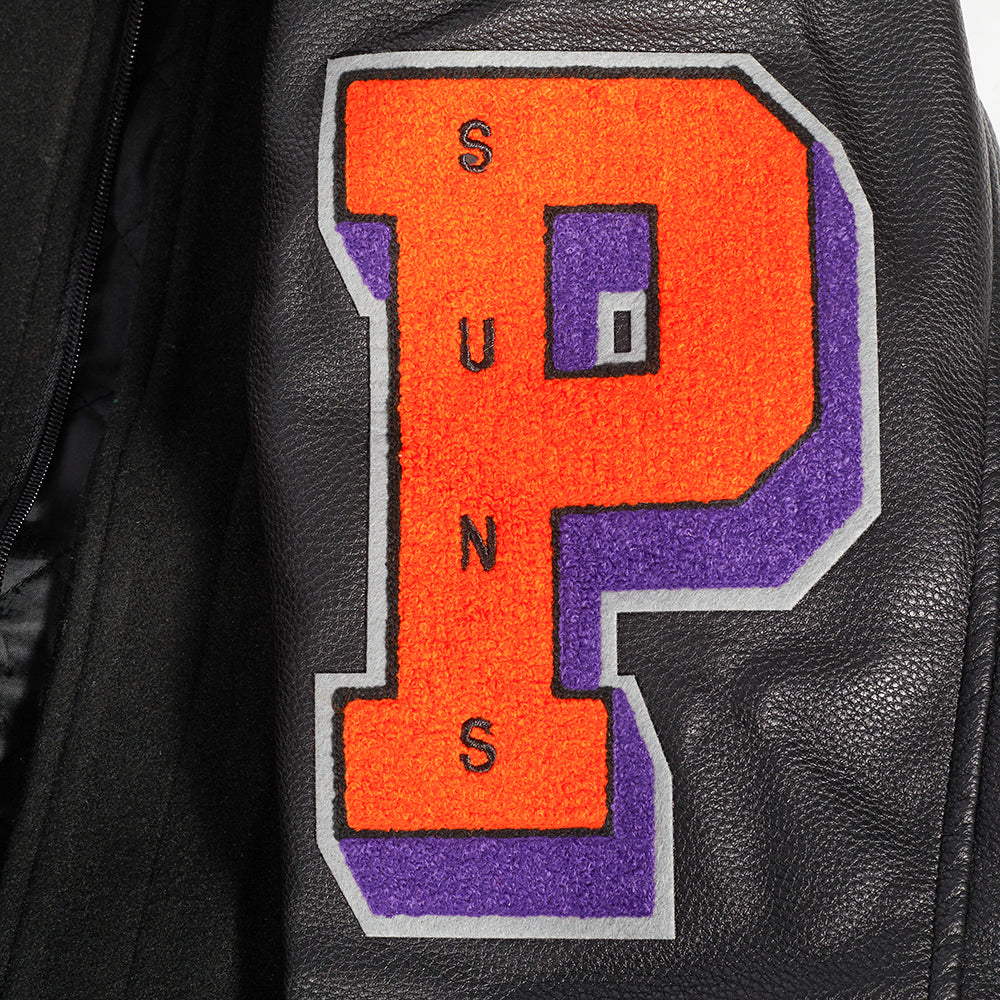 NBA PHOENIX SUNS OLD ENGLISH MEN'S RIB WOOL VARSITY JACKET (BLACK/ORANGE)