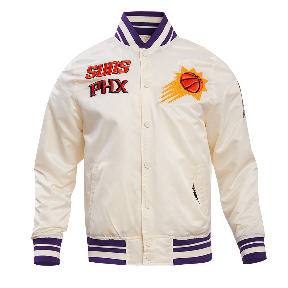 NBA PHOENIX SUNS RETRO CLASSIC BLOUSON EN SATIN À BORDS CÔTELÉS POUR HOMME (COQUILLE D'ŒUF/VIOLET)
