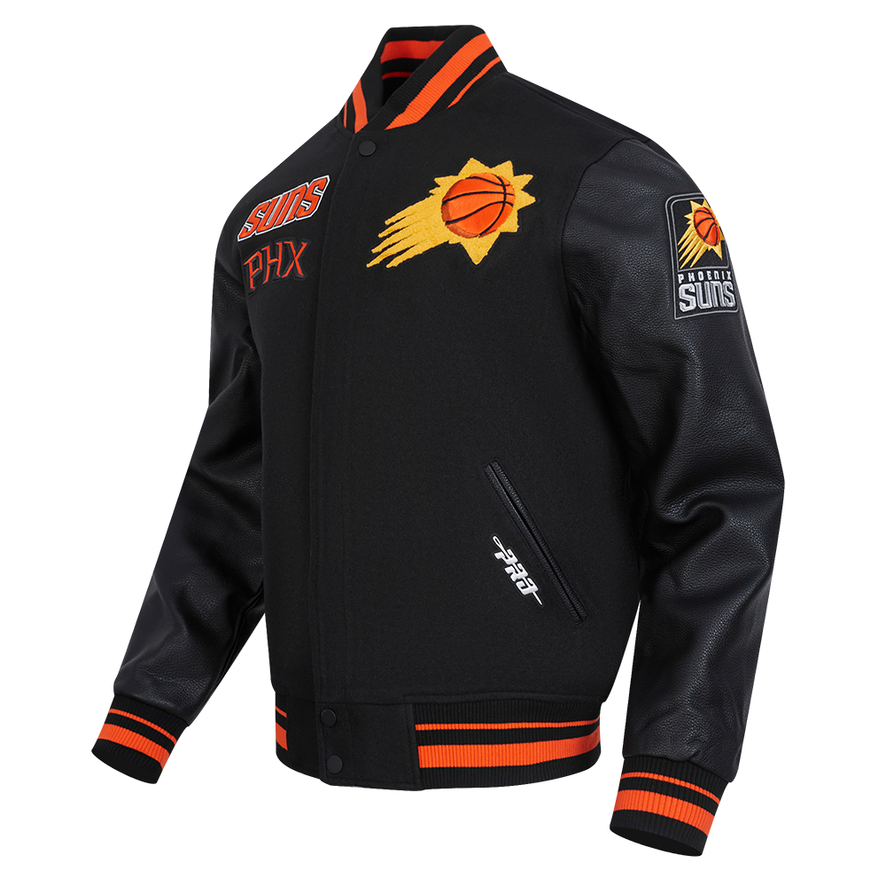 NBA PHOENIX SUNS RETRO CLASSIC BLOUSON COLLÉGIAL EN LAINE À BORDS CÔTELÉS POUR HOMME (NOIR/ORANGE)