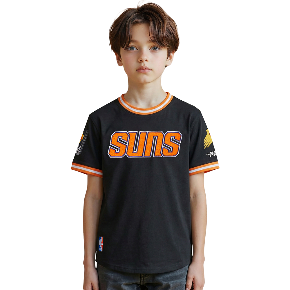 NBA PHOENIX SUNS CLASSIC T-SHIRT CÔTELÉ RAYÉ À MANCHES COURTES POUR GARÇON JUNIOR (NOIR/ORANGE)